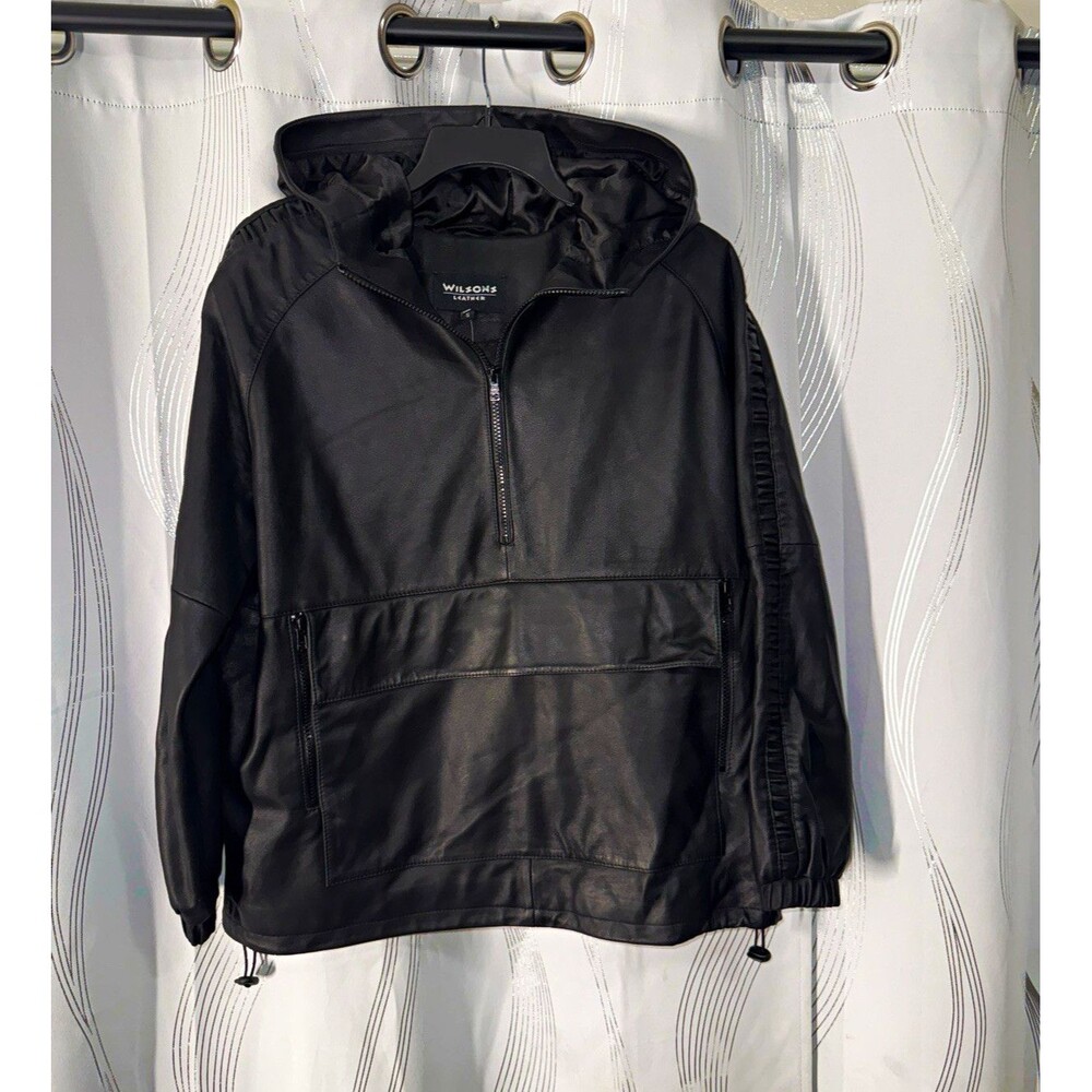 Wilsons Leather  Mens Black Leather Hooded Anorak Jacket Zip Closure Size S